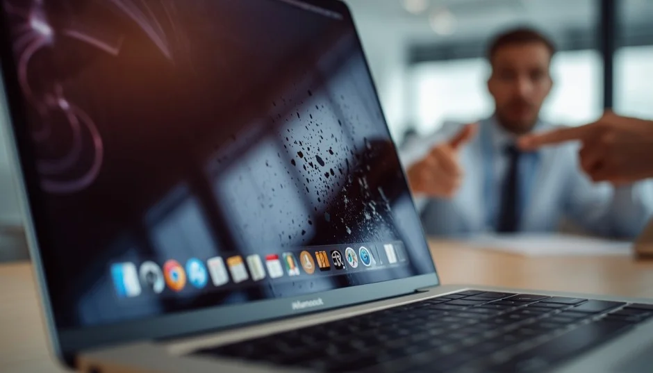 Close-up of black spots on MacBook screen
